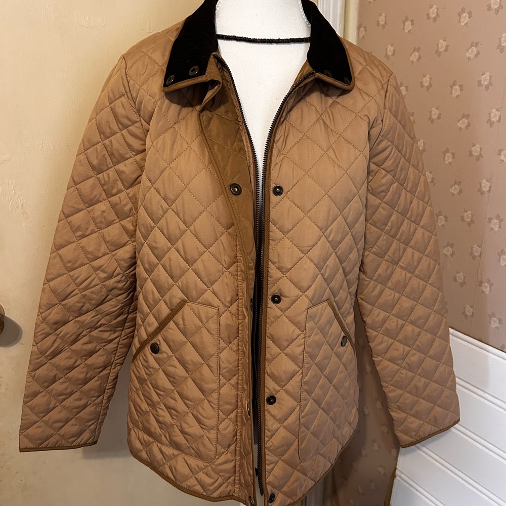 Lands' End Quilted Jacket in Tan with Dark Collar
